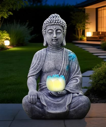Goodeco Statue de Bouddha solaire avec lumières lotus bleues – 21 cm Décoration de jardin | Décoration zen assise pour terrasse, cour, porche, balcon – Cadeaux pour femmes et hommes méditation gris