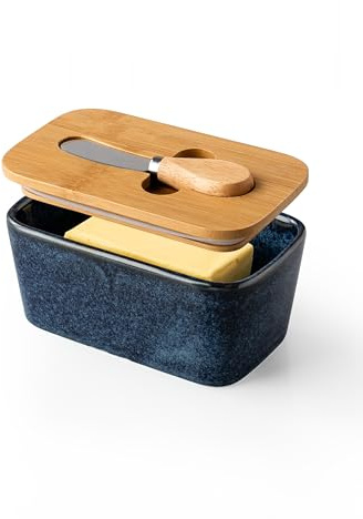 HOME DECOR Butterdose Keramik mit luftdichtem Deckel & Messer, Französische Butterdose mit Deckel für alle gängigen Butter (250gr) - Reaktives Blau
