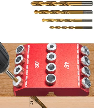 30°45°90° Angle Drill Guide Jig for hand drill, Portable angle drill guide block for straight or angled holes, pocket-hole tool set with 4 bits for holes in railing, handrails, drill press, decks