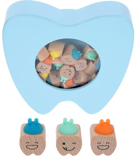 ERINGOGO Caja De Recuerdos Para Dientes De Leche Para Niño y Niña Estuche De Madera Azul En Forma De Diente Compacto y Ligero Para Almacenamiento Seguro