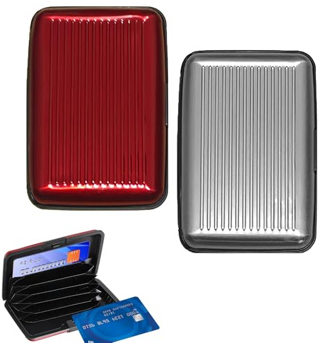 2PCS RFID Blocking Credit Card Holder, Aluminium Alloy, Red, Silver