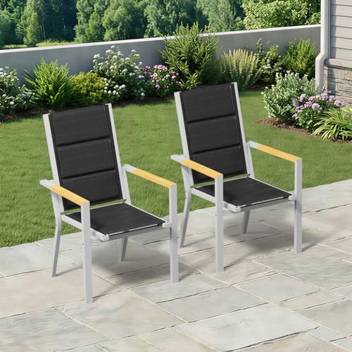 TRIUMPHKEY Gartenstuhl aus wetterfestem mit Holzkorn Handlauf, Aluminium Outdoor Garten Stapelstühle mit Baumwollsitz für Balkon, Terrasse, Garten - Set aus 2 Stück, HellGrau