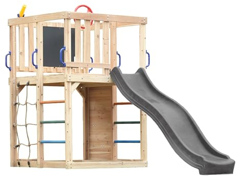 AXI Sam Aire De Jeux en Bois, Toboggan Gris | Structure d'escalade pour Enfants avec Mur d'escalade, Filet Et Barres De Suspension | Accessoires Inclus | Équipement De Jeux pour Le Jardin