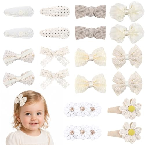 Fohuanky Baby Haarspangen Set 20 Stück, Haarclips Mädchen, Stoff Haarspangen Kinder mit Blumen & süßen Mustern (Weiß)