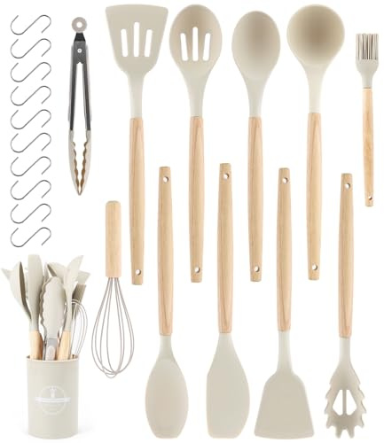 12 Piezas Utensilios Cocina de Silicona, Juego de Utensilios de Cocina de Silicona, Set Antiadherente Resistente al Calor, Apto para lavavajillas,Accesorios cocina,Juego de cubiertos con cubo (Caqui)