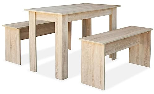 vidaXL Essgruppe 3-TLG. Holzwerkstoff Eiche Tisch Bänke Sitzgruppe Esstisch Esszimmertisch Tischset Esszimmermöbel Esszimmerbank Küchenbank