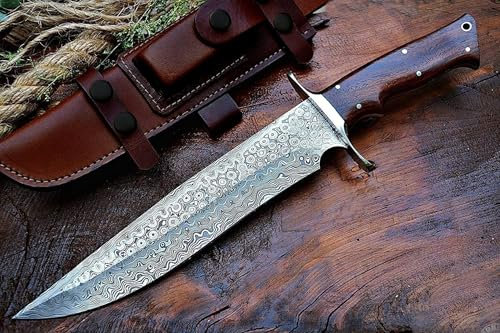 BIGCAT ROAR Patriot - Coltello da Caccia in Acciaio Damasco 35,6 cm - Manico in Legno di Noce e Fodero in Cuoio - Bushcraft, Campeggio, Sopravvivenza - Regalo Uomo Cacciatore o Collezionista