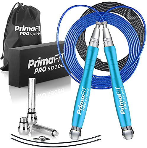 PrimaFIT Springseil Erwachsene Fitness Seilspringen mit Gewichten Boxen | PRO Speed Profi Springseil, Hüpfseil, Skipping Jump Rope, Crossfit, Kugellager, 2x3 m Kabel Verstellbar, Schutzhüllen, Tasche