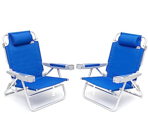 SUNNYFEEL Extra Wide 28 Low Beach Chair 2 Pack 5 Position Lay Flat, XL Oversized Portable Folding Camping Chairs with Cup Holder for Outdoor/Trip, Foldable Backpack Beach Chair for Adults