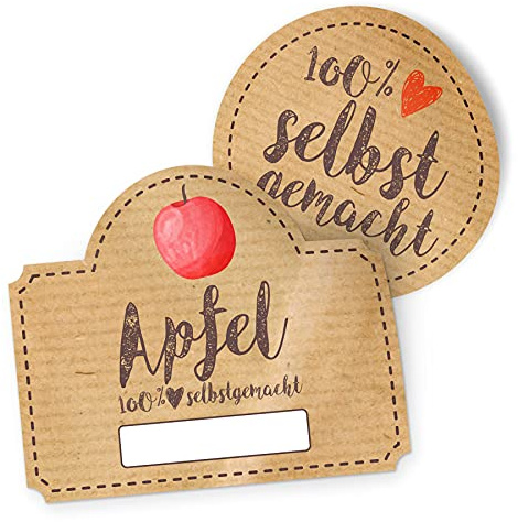 itenga Marmeladen Etikett Apfel Aufkleber 100% selbstgemacht Sticker braun selbstklebend für Marmelade Einmachgläser Geschenke - hochwertiges Papier - 10 Aufkleber rund und 10 Aufkleber rechteckig