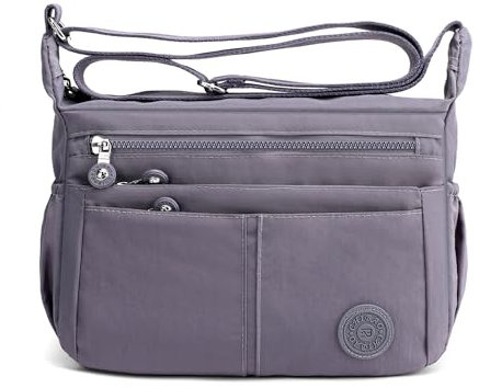 DIRRONA Umhängetasche Damen Groß - Leicht Wasserdicht Nylon Handtasche Damen Mit Vielen Fächern Schultertasche Für Arbeit Freizeit Reisen Und City Trips Nebelgrau
