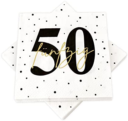 20 Servietten zum 50. Geburtstag 33x33 cm - weiß schwarz gold