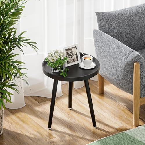 APICIZON Beistelltisch Schwarz Rund, Kleiner Tisch, 45 x 35cm, Wohnzimmertisch, Nachttisch mit Beinen aus Massivholz, Skandinavische Stil, Klein Couchtisch Holz für Schlafzimmer, Balkon