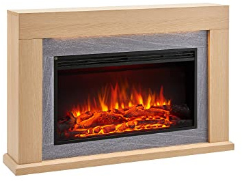 FLAMME 47 Freestanding Electric Fireplace Suite, Madura, Natural Oak | With 1kW-2kW Fireplace Heater, 4 Dimmable LED Flame Options and Warm White Mood Lighting, Remote Control, Custom Timer