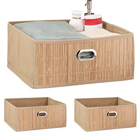 Relaxdays 3 Cestos Almacenaje Bambú, Cesta Cuadrada Tela Baño, Caja Estante, 14 x 31 x 31 cm, Plegable, Marrón Natural