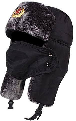 Ciamlir Russische Mütze Sowjetische Militärische Russische Pilotenmütze Winter Outdoor Ski Schutzmütze Warme Mütze Herrenmütze Winter Dickes Leder Warm,Schwarz,Einheitsgröße