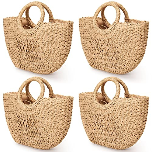 Mixweer 4 Pcs Straw Bag for Women Summer Travel Rattan Woven Raffia Beach Handbags Handle Big Capacity Tote Clutch Bags 2026(14.96 x 3.15 x 11.42 Inch, Classic)
