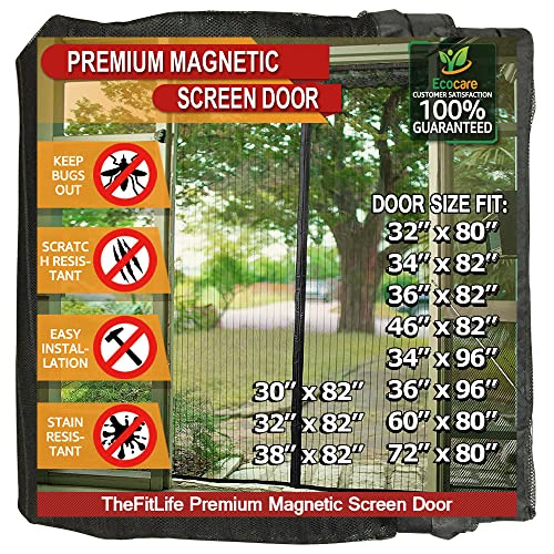 TheFitLife Magnetic Fly Screens for Doors - Heavy Duty Mesh Curtain with Full Frame Hook and Loop Powerful Magnets that Snap Shut Automatically (Black 101x210cm - Fits Doors up to 96x208cm Max)