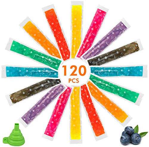 Bolsas para Helados, 120 Pack Moldes para Helados, Bolsas para Cubitos de Hielo Caseros con Embudo Verde (22.5 x 5.5 Cm) (Transparente)