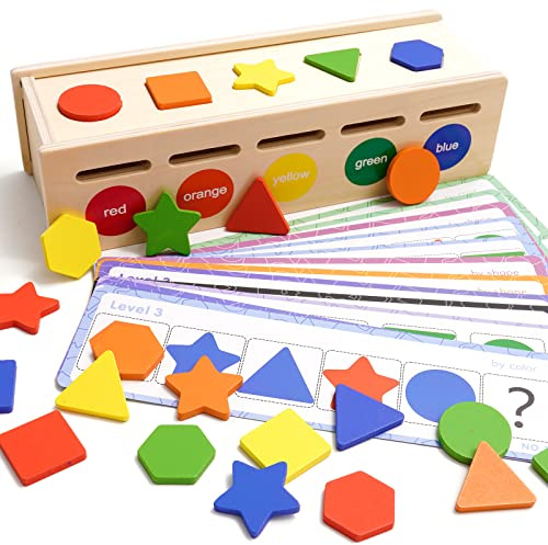 Jeu de tri Jouets Montessori avec boîte de rangement pour 2 3 4 ans Tri des couleurs et empilage Jouets assortis Jouet éducatif de tri avec 25 blocs géométriques et 12 cartes de quiz pour 2+ enfants