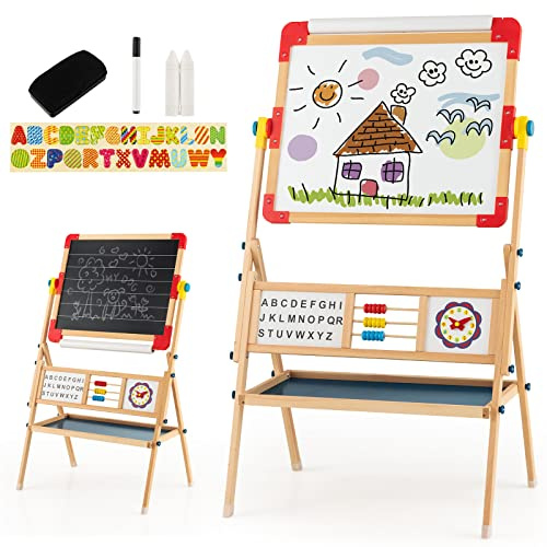 GYMAX Wooden Kids Easel, Double Sided Whiteboard & Chalkboard with Paper Roll and Magnetic Letters, 3 in 1 Drawing Easel for Toddlers