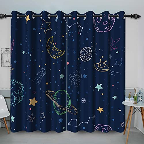 Baocicco Kinder-Vorhang mit Cartoon-Weltraum-Verdunkelungsmuster, Himmel, Mond, Sterne, Universum, Planeten, bedruckt, verdunkelnde Vorhänge mit rostfreien Ösen, 2 Paneele, 96x114 cm (BxH)