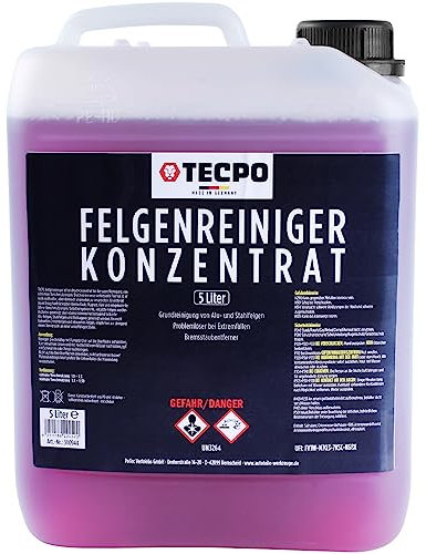 TECPO Felgenreiniger Konzentration, 5 Liter Alufelgenreiniger mit Wirkindikator für Autofelgen wie Stahlfelgen Chrom-Metall-Felgen, Radkappen säurefrei und pH-neutral