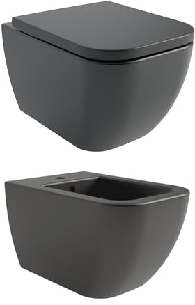 vanvilla Design Wand Hänge WC Tara Spülrandlos und Hänge Bidet Set Toilette mit Soft-Close WC-Sitz Wand WC schwarz matt