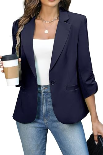 ELLEVEN Womens Blazer Business Casual Suit Jacket Slim Fit Fitted Ruched 3/4 Sleeve Petite Crop Blazer Dressy Full Lining Lightweight Outfits Coat Cardigan with Padded Shoulder Navy Blue Large