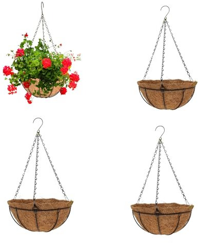 Confezione da 4 cesti appesi per piante da giardino all'aperto, in metallo con rivestimento in cocco, cesti da appendere in cocco per esterni, vasi da fiori da appendere per giardino, balcone,