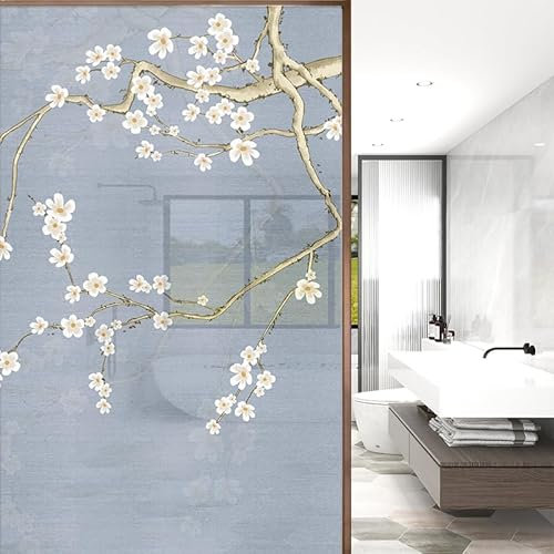 Sichtschutzfolie 3D Fensterfolie Glasdekorfolie PVC für Badezimmer Kinderzimmer Küche,Schlafzimmer Wohnzimmer Esszimmer Büro Hotels Klassenzimmer 44.5x300 cm Weiße Blume