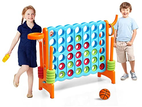 HOMASIS Riesiges 4 Gewinnt Spiel, 4 in Einer Reihe Spiel mit Basketballkorb & Wurfspiel, Strategiespiel mit 42 Ringen, XXL Brettspiel Spielzeug für Kinder & Erwachsene Outdoor (Blau + Orange)