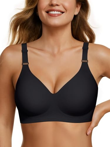 OEAK Reggiseno da donna senza cuciture comodo senza ferretto Supporto completo Bralette Push Up Plus Size Scollo a V Sleeping Tshirt Bras, nero, M