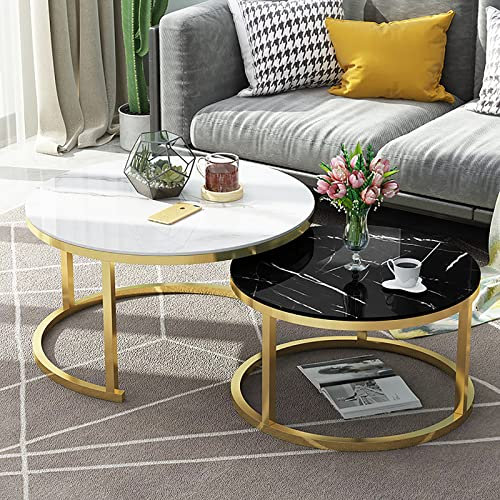 Satztische mit Glasplatte in Marmor-Optik, runder Metallrahmen, stapelbar, Couchtisch-Set für Zuhause, Büro oder Wohnzimmer, perfekte Lounge-Dekoration