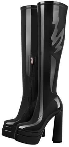 VERISSON Damen Plateau Stiefel Blockabsatz Knee High Stretch Boots Zipper Kniestiefel High Heels mit Reißverschluss Lack Schwarz 38 EU