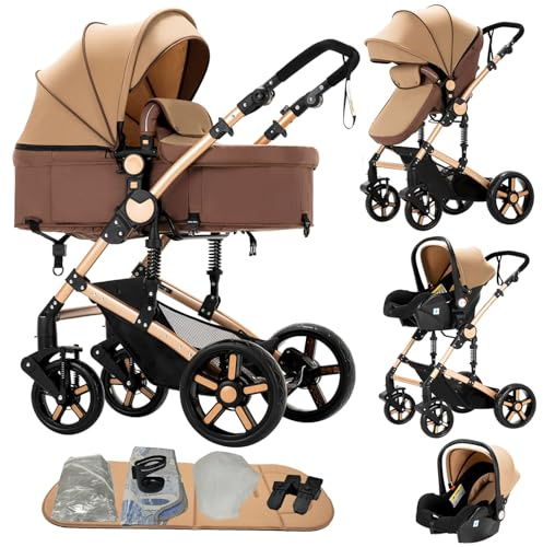 Doraystar 3-in-1 Kinderwagen mit zwei umkehrbaren Schiebemodi, Ein-Klick-Faltdesign und Aluminiumrahmen - Komplettset (588 Khaki)