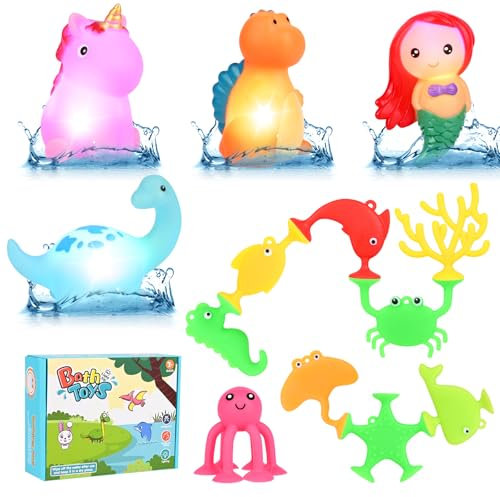 Badewannenspielzeug, Apritsce 4 Stück Badespielzeug Leuchtend und 9 Stück Saugnapf Spielzeug Kinder, Montessori Wasserspielzeug Kinder, Meerjungfrau Badewanne Spielzeug für Baby