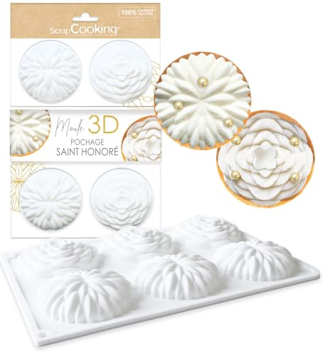 ScrapCooking - 6 Tartlet Tray Saint-Honoré - 3D Embossed Silicone Moulds - Ø6.5 x 2 cm - For Desserts, Birthday Cakes, Pastries - With Recipe - White - 2897