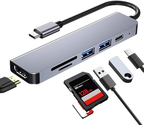 Hub USB C PD 100W Docking Station USB C a HDMI 4K@30 Hz avec 5Gbps USB 3.0 & 2.0 & Lecteur SD/TF 6 en 1 Adaptateur Multiport Compatible pour Macbook Pro/Air/Dell/iPad/iMac/iPhone/Samsung