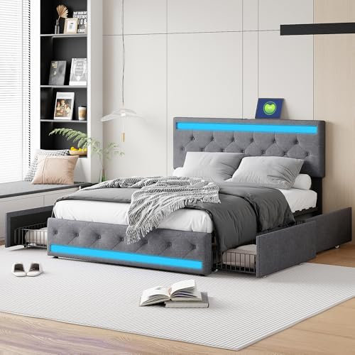QMTXBYJ Polsterbett Doppelbett Bett mit Stauraum 180 x 200cm,4 Schubladen Betten und LED-Beleuchtung Kopfteil mit USB Ladefunktion Stauraumbett,Schubladenbett mit Aufbewahrung,Dunkelgrau