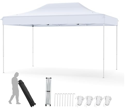 COSTWAY Carpa Plegable 3x4,45m, Pop-up, Pergolas de Jardin con Agujeros de Drenaje, Bolsa de Transporte con Ruedas, Altura Ajustable, Cenador Jardin Exterior (Blanco)