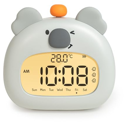 IHALO Koala Children's Alarm Clock with Night Light, Cute Bedside Alarm Clocks, Digital LED Display, 3.15 Inches, Three Alarms, Weekend Mode, Date, Time, Temperature, Rechargeable, Decoration for Baby
