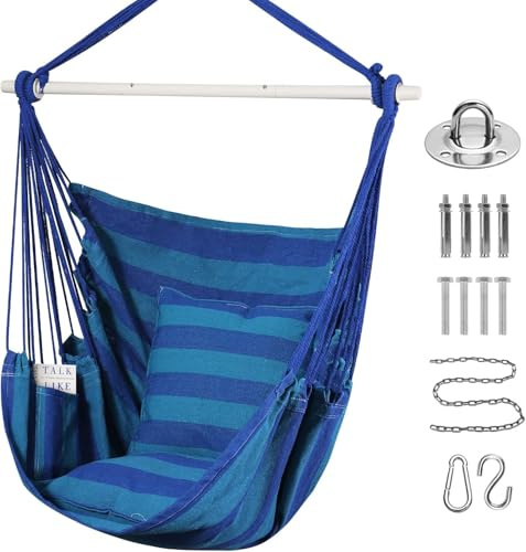 Goutime Poltrona Altalena Sospesa, Sedia a Dondolo in Cotone Morbido con 2 Cuscini e Borsa di Conservazione, Max Portata 150kg, Ideale per Camera da Letto, Patio, Giardino e Balcone (Blu a righe)