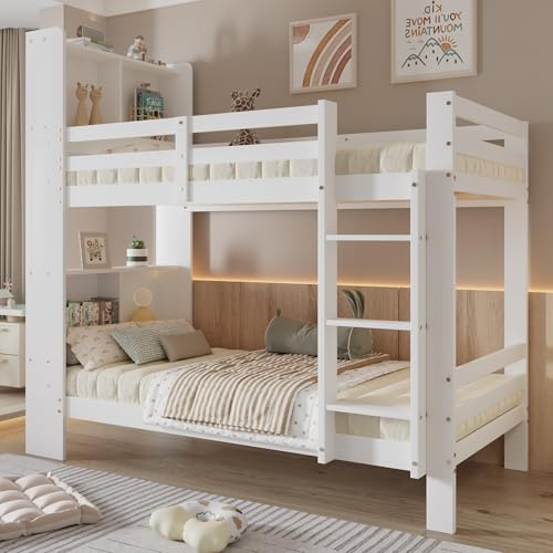 Huayz Letto a castello per bambini, 90 x 200 cm, letto a soppalco con ripiani e scala ad angolo retto, moderno letto matrimoniale per 2 bambini, con protezione anticaduta e rete a doghe, bianco, senza