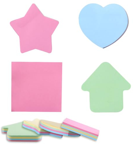 SGERUFZ 4 Bloques de Notas Adhesivas Divertidas en Forma de Corazón, Cuadrado, Estrella de Cinco Puntas y Flecha (100 Hojas por Bloque, 400 Hojas en Total) (76 x 76 mm) (4 Colores Brillantes)