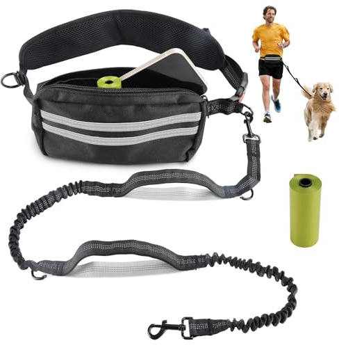Guinzaglio Mani Libere per Cani, Guinzaglio Cani Guinzaglio con Borsello Staccabile e Sacchetti Escrementi, Guinzaglio Elastico Canis Doppia Impugnatura per Jogging Escursionismo Passeggiate