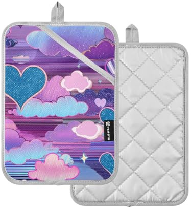 Presine per cucina, cuori, nuvole, vapore, stile onda blu, viola, presine per cucina, con tasca per forno, confezione da 2
