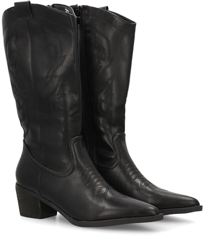 shoes&blues.es 95418 Bota Cowboy de Cana Alta con Bordados Laterales. Punta Fina y Tacon Ancho Comodo.Ideal Temporada Otono Invierno. Negro Talla 38