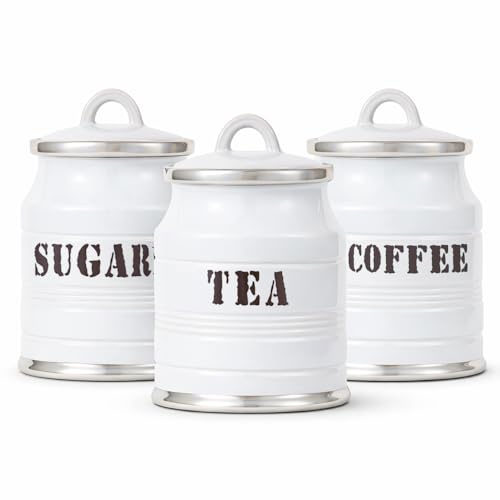 Home Harbour Ashbury Collection Set of 3 Tea Coffee Sugar Canisters | Ceramic Kitchen Storage Jars with Airtight Loop Lids | Countertop Organiser Classic British Chrome Gloss Finish, 0.9L (White)