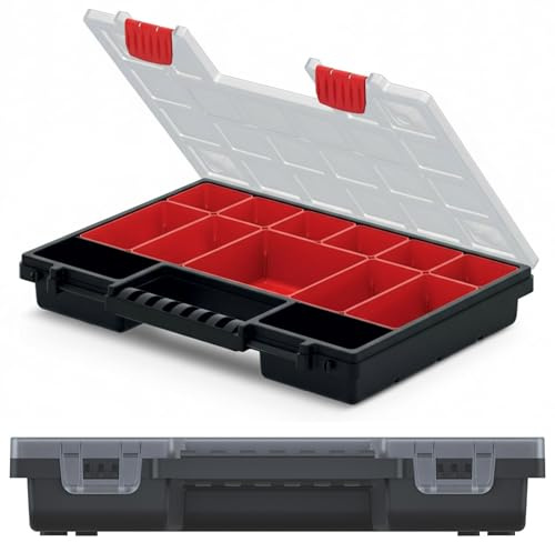 DIKEL Caja organizadora con compartimentos extraíbles de 34,5 x 25 x 5 cm, caja de tornillos móvil y depósito de piezas pequeñas para taller, organizador robusto, caja clasificadora con mango